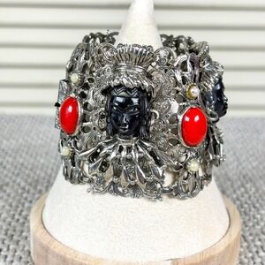 1950s Selro Selini Statement Silver African Princess Red Cabochon Pearl Bracelet